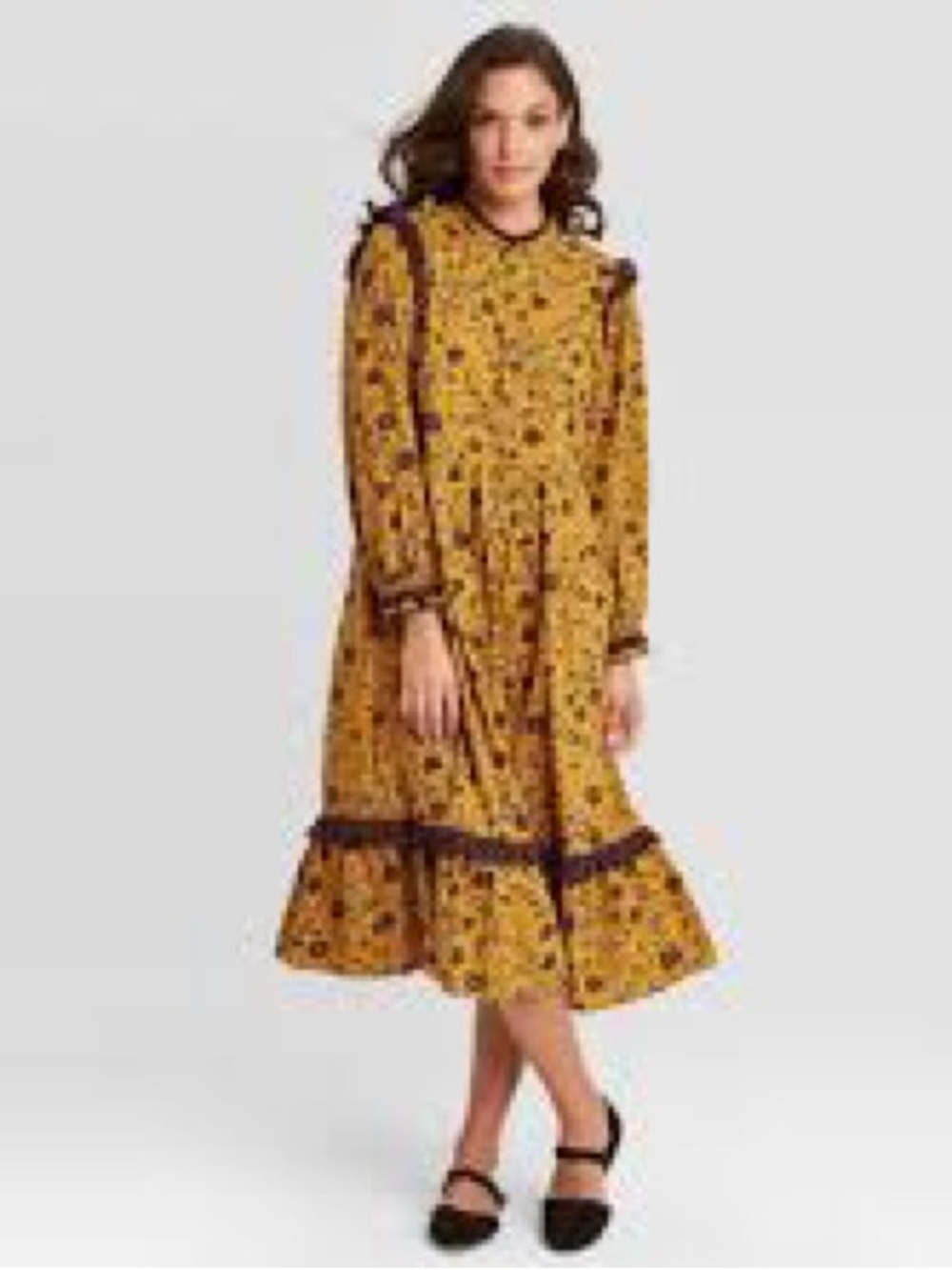 Button Up Floral Mustard Midi Dress with Contrast Trim and Ruffles